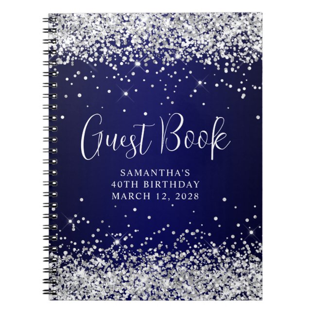 Silver Glitter Navy Blue Ombre 40th Birthday Guest Notebook (Front)