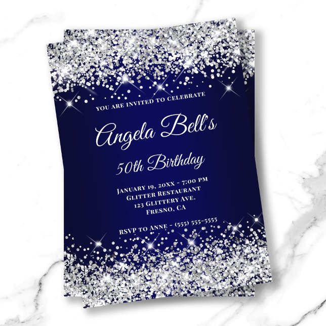 Silver Glitter Navy Blue Ombre Fancy Monogram Invitation (Silver Glitter Navy Blue Ombre Fancy Monogram Invitation)