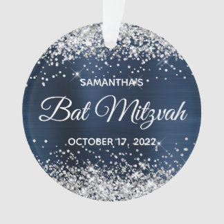 Silver Glitter Navy Blue Ombre Foil Bat Mitzvah Ornament