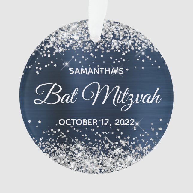 Silver Glitter Navy Blue Ombre Foil Bat Mitzvah Ornament (Front)