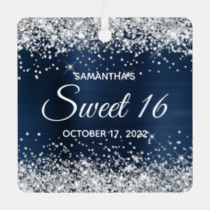 Silver Glitter Navy Blue Ombre Foil Sweet 16 Metal Tree Decoration