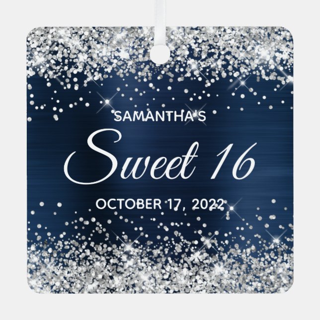 Silver Glitter Navy Blue Ombre Foil Sweet 16 Metal Tree Decoration (Front)