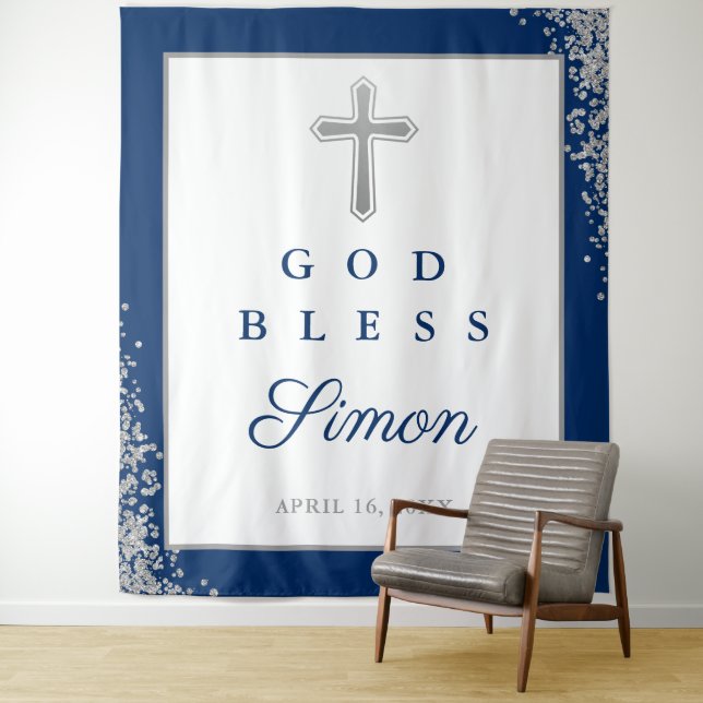 Silver Glitter Navy Blue Personalised God Bless Tapestry (In Situ)