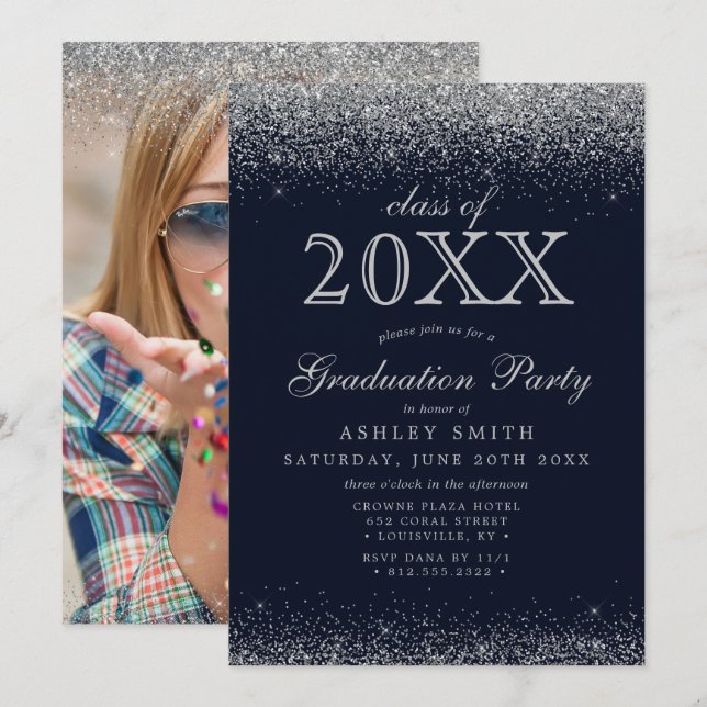 Silver Glitter Navy Blue Photo Graduation Invitation (Front/Back)