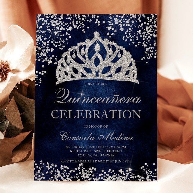 Silver glitter navy blue photo tiara Quinceañera Invitation (Silver glitter navy blue photo tiara Quinceañera Invitation)