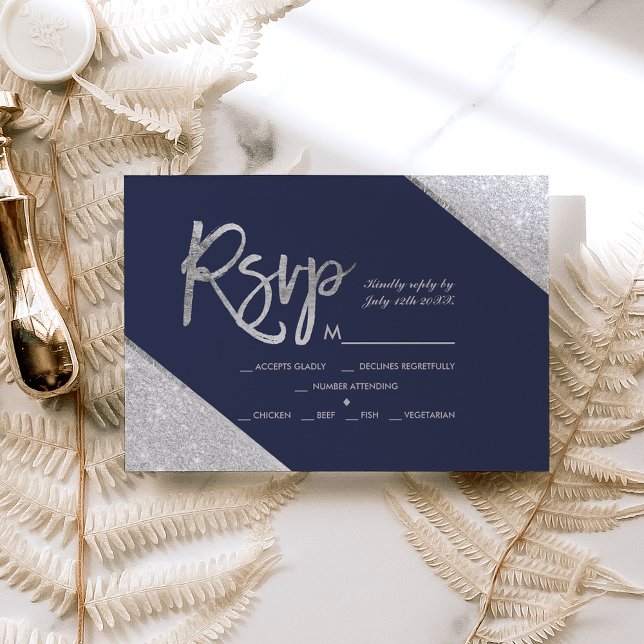 Silver glitter navy blue script wedding Rsvp (Creator Uploaded)