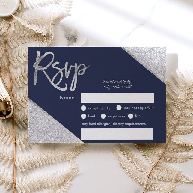 Silver glitter navy blue script wedding Rsvp Card (Creator Uploaded)