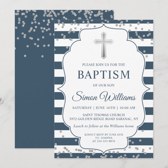 Silver Glitter Navy Blue Stripes Boy Baptism Invitation (Front/Back)