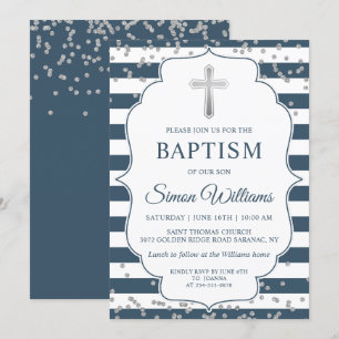 Silver Glitter Navy Blue Stripes Boy Baptism Invitation