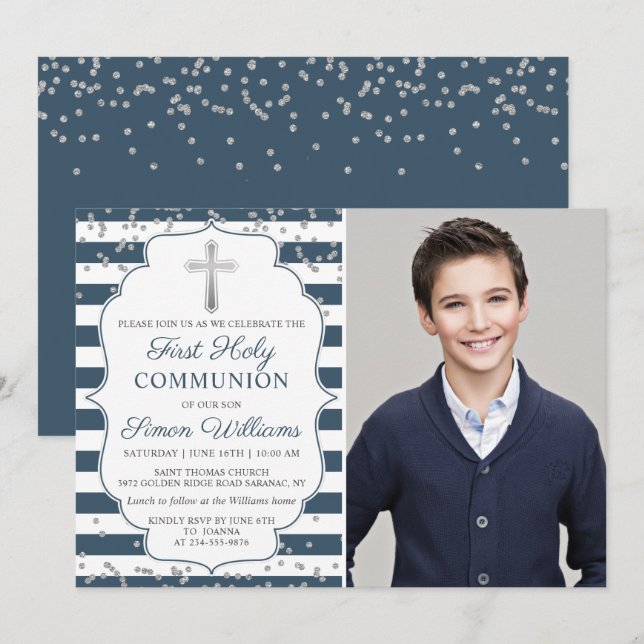 Silver Glitter Navy Blue Stripes First Communion Invitation (Front/Back)