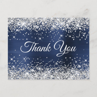 Silver Glitter Navy Foil 75th Birthday Thank You Postcard
