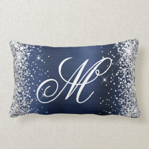 Silver Glitter Navy Foil Fancy Monogrammed Lumbar Cushion