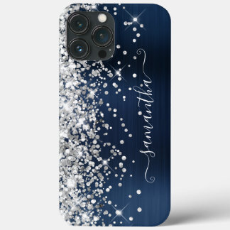 Silver Glitter Navy Foil Modern Girly Signature iPhone 13 Pro Max Case