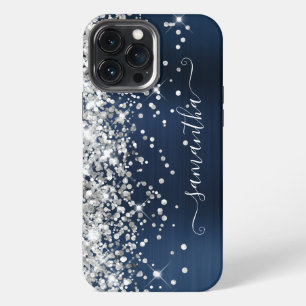 Silver Glitter Navy Foil Modern Girly Signature iPhone 13 Pro Max Case