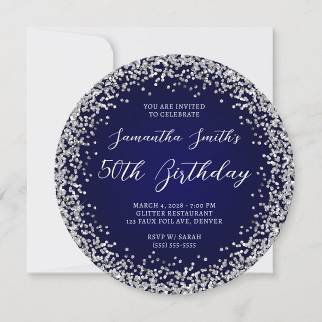 Silver Glitter Navy Ombre 50th Birthday Invitation (Front)
