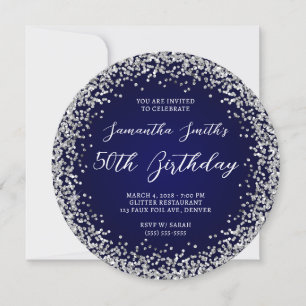 Silver Glitter Navy Ombre 50th Birthday Invitation