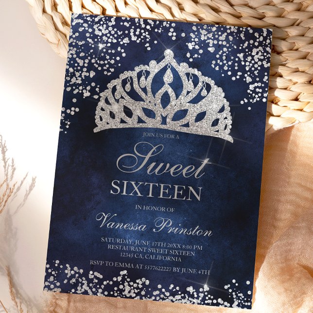 Silver glitter navy photo sparkles tiara Sweet 16 Invitation (Creator Uploaded)
