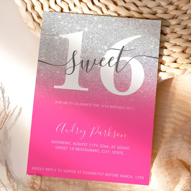 Silver glitter neon pink ombre girly Sweet 16 Invitation (Creator Uploaded)