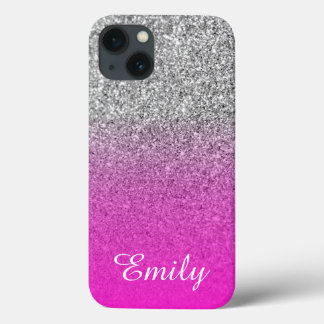 Silver Glitter Neon Pink Ombre Personalised iPhone 13 Case