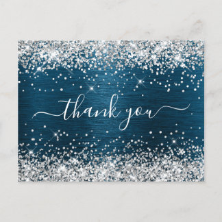 Silver Glitter Ocean Blue Foil Birthday Thank You Postcard
