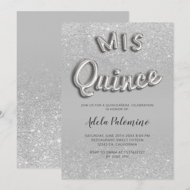 Silver glitter ombre balloons grey Quinceañera Invitation (Front/Back)