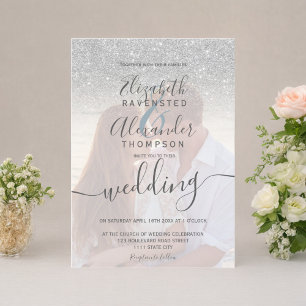 Silver glitter ombre blue script photo wedding invitation