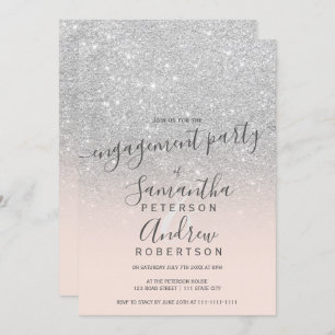 Silver glitter ombre blush pink script engagement invitation