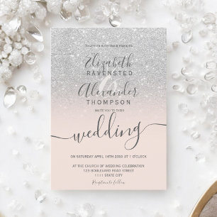Silver glitter ombre blush pink script wedding invitation