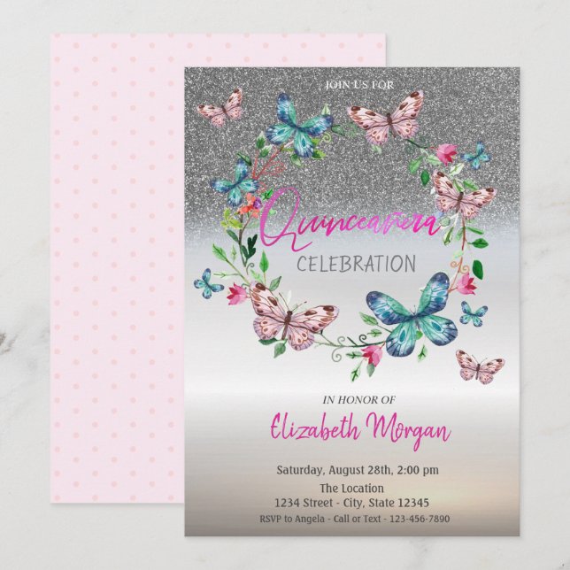 Silver Glitter Ombre, Butterfly Dots Quinceanera Invitation (Front/Back)
