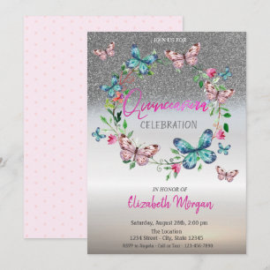 Silver Glitter Ombre, Butterfly Dots Quinceanera Invitation