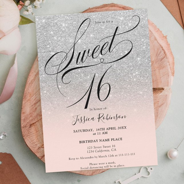 Silver glitter ombre chic script pink Sweet 16 Invitation (Creator Uploaded)