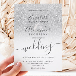 Silver glitter ombre chic white script wedding invitation