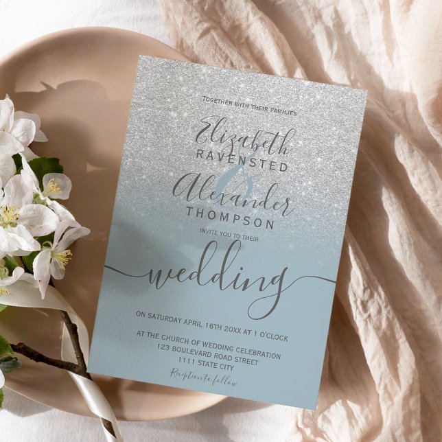Silver glitter ombre dusty blue script wedding invitation (Creator Uploaded)