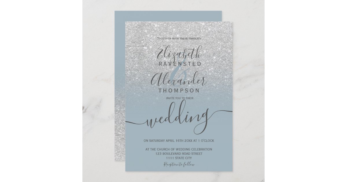 Silver glitter ombre dusty blue script wedding invitation
