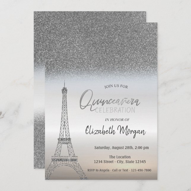 Silver Glitter Ombre, Eiffel Tower Quinceanera Invitation (Front/Back)