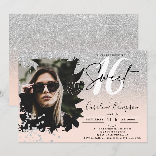 Silver glitter ombre floral pink photo Sweet 16 Invitation (Front/Back)