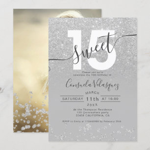 Silver glitter ombre grey Quinceanera photo Invitation