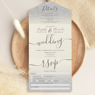 Silver glitter ombre ivory script wedding all in one invitation