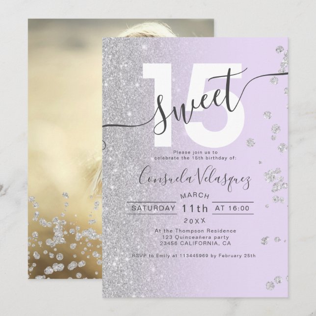 Silver glitter ombre lavender Quinceanera photo In Invitation (Front/Back)
