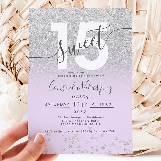 Silver glitter ombre lavender Quinceanera photo Invitation (Creator Uploaded)