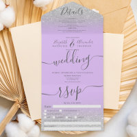 Silver glitter ombre lavender script wedding
