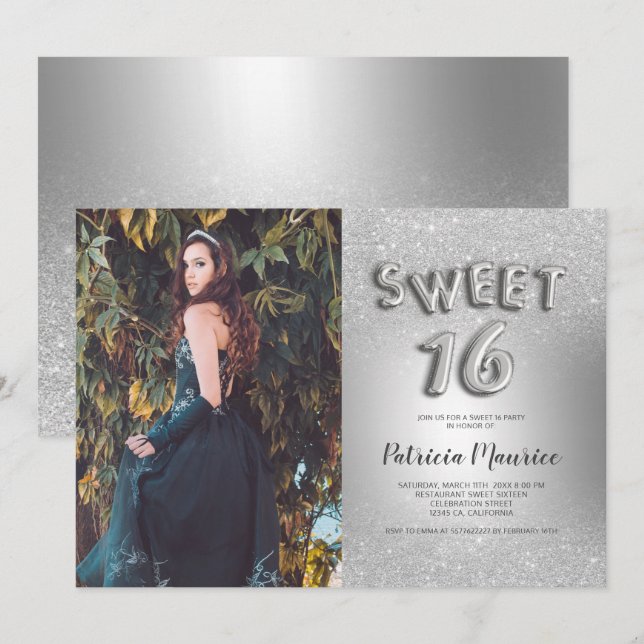Silver glitter ombre letters photo foil sweet 16 invitation (Front/Back)
