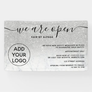 Silver glitter ombre logo marble We're open Banner