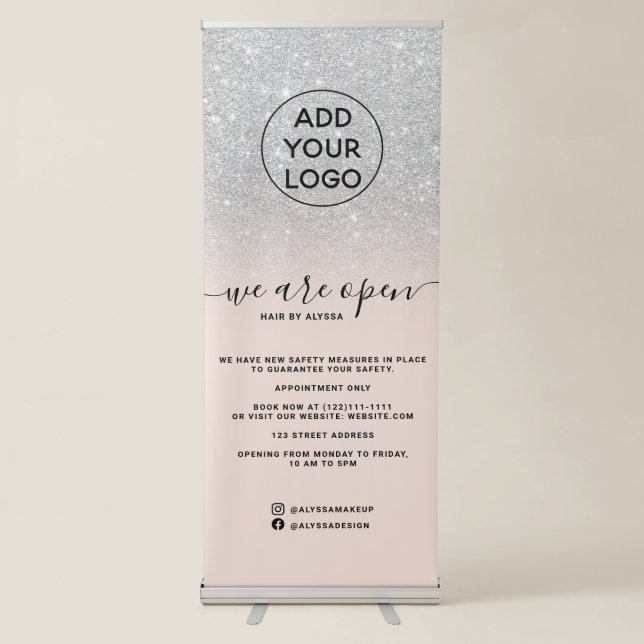 Silver glitter ombre logo pink We're open Retractable Banner (Front)
