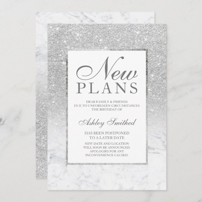 Silver glitter ombre marble postponed new plans invitation (Front/Back)