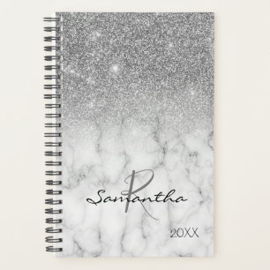 Silver Glitter Ombre Marble Yearly Monogram Planner
