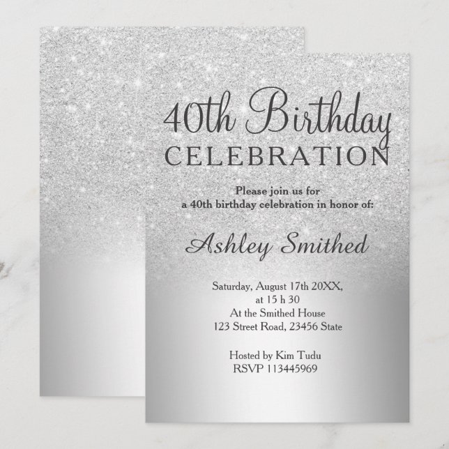 Silver glitter ombre metallic 40th birthday invitation (Front/Back)