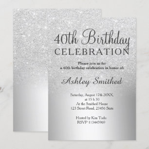Silver glitter ombre metallic 40th birthday invitation