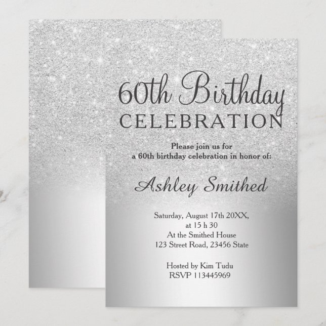 Silver glitter ombre metallic 60th birthday invitation (Front/Back)