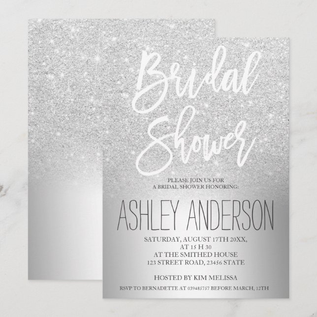 Silver glitter ombre metallic bridal shower invitation (Front/Back)